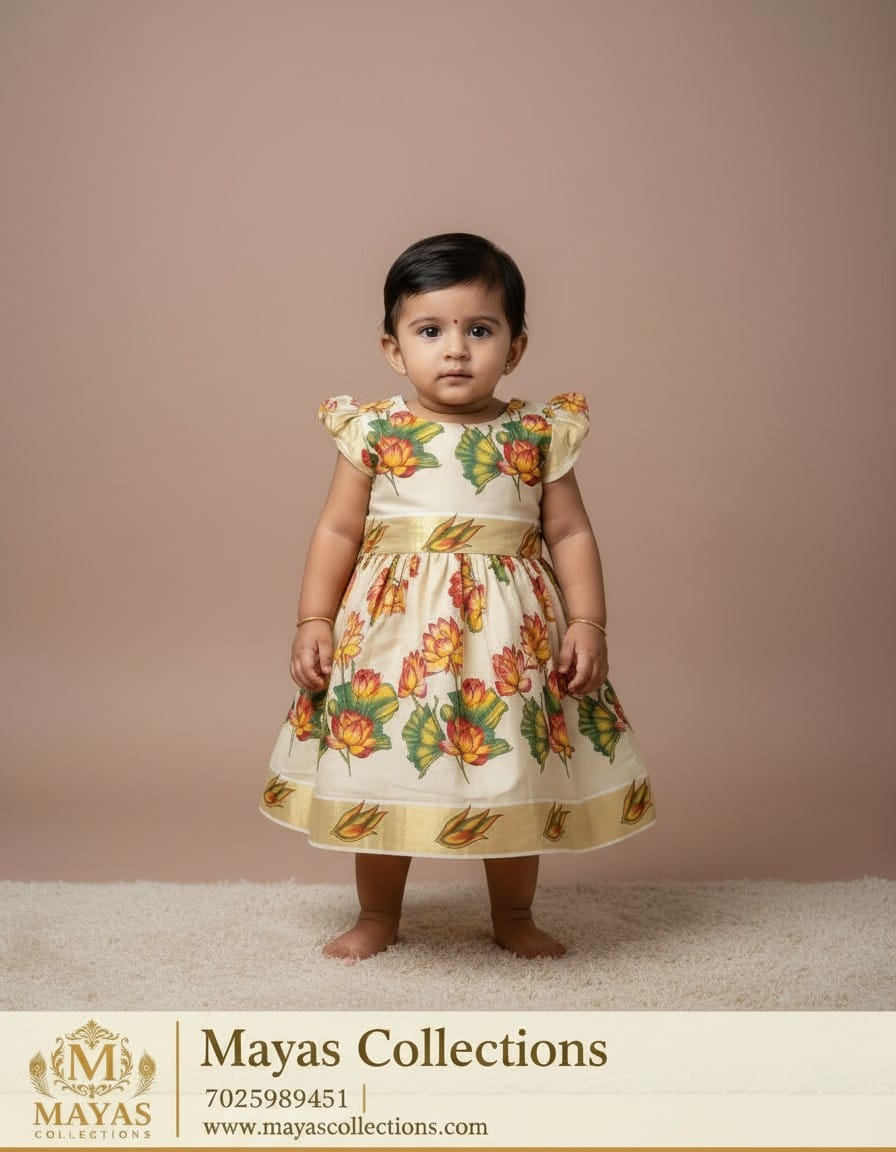 Kerala Traditional Tissue Lotus Printed Frock